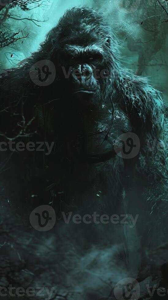 AI generated Enigmatic image capturing a mystical ape surrounded by fog and twisted branches, exuding an eerie atmosphere. photo