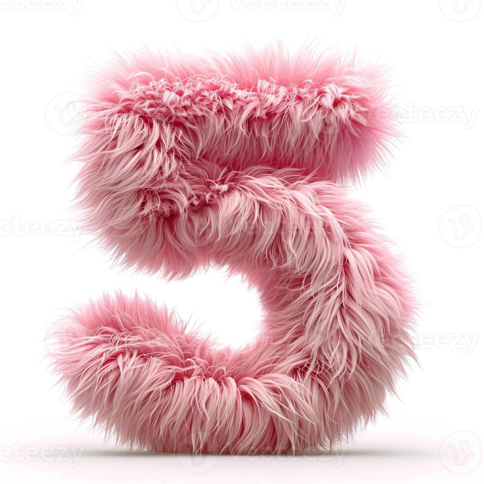 AI generated A vibrant, soft, pink fluffy texture forms the number five against a pristine white backdrop. photo