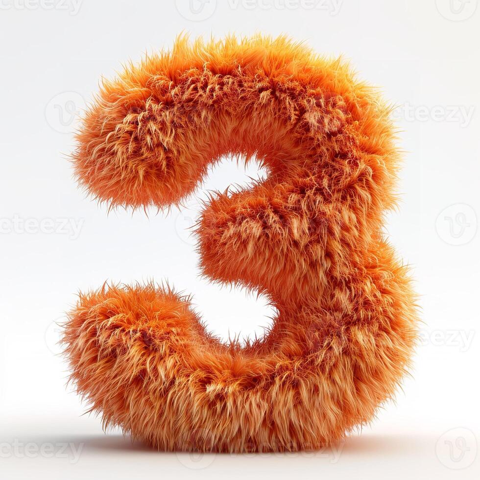 AI generated Furry orange number 3, vivid, soft texture, isolated on a white background. photo