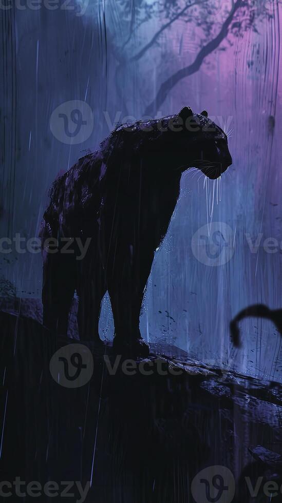 AI generated A solitary panther stands amidst a heavy downpour, silhouetted against an eerie, dark forest backdrop. photo