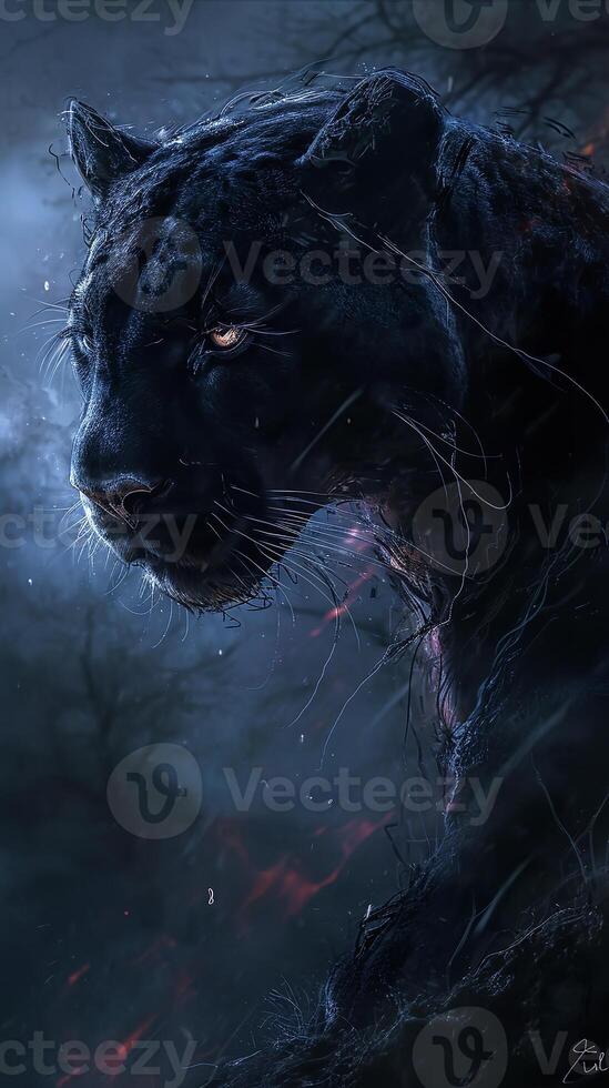 AI generated A captivating image capturing a black panther intense gaze, surrounded by the dark and mysterious aura of an eerie forest, showcasing nature untamed and raw beauty. photo
