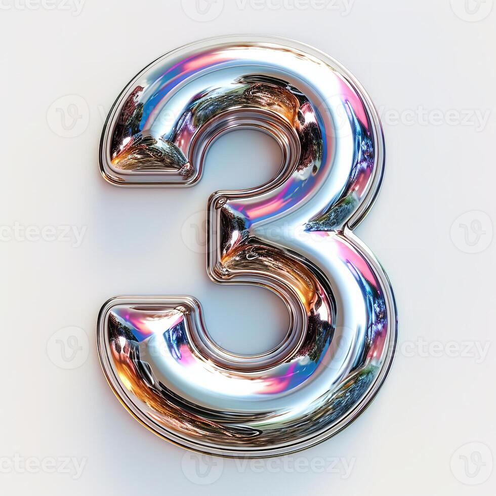 AI generated A shiny metallic number 3 with a smooth surface and multicolored reflections stands out against a pristine white background. photo