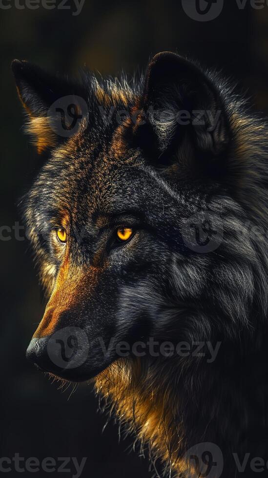 AI generated A captivating image of a black wolf with golden eyes, enveloped in an aura of golden mystical flames and smoke, exuding an intense and magical atmosphere. photo
