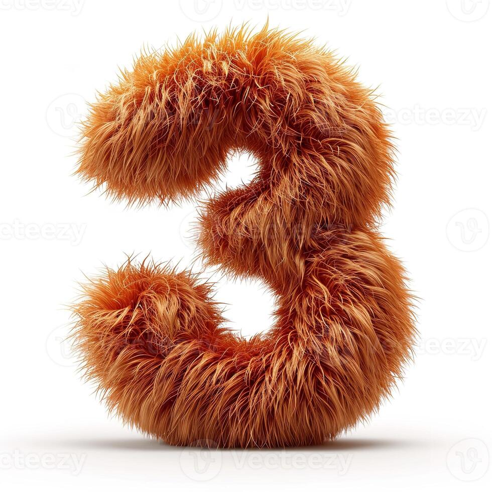 AI generated A vibrant, furry orange number three displayed against a pristine white backdrop photo