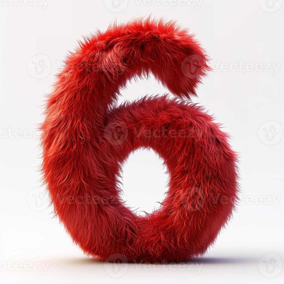 AI generated A vivid red, furry textured number 6 displayed prominently against a clean, white backdrop, showcasing contrast and visual appeal. photo