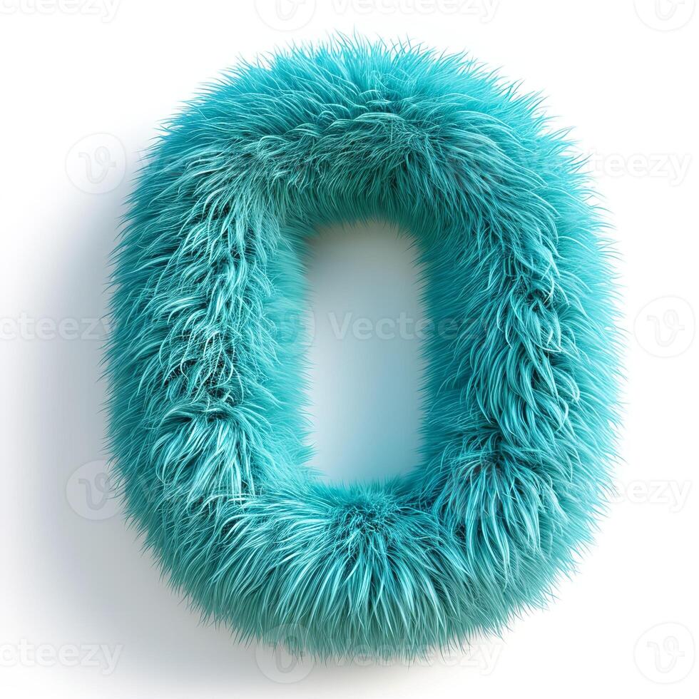 AI generated A vibrant turquoise, fluffy textured letter O stands out against a pristine white backdrop, showcasing a unique and eye-catching design photo