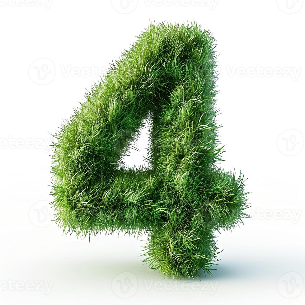 AI generated A unique number 4 covered in bright green grass, showcasing a vivid and lush texture. Perfectly isolated against a clean white backdrop for clarity. photo