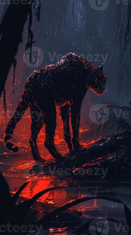 AI generated A mysterious scene capturing a wet leopard with intense eyes in a dark, rain-drenched jungle illuminated by an enigmatic red glow. photo