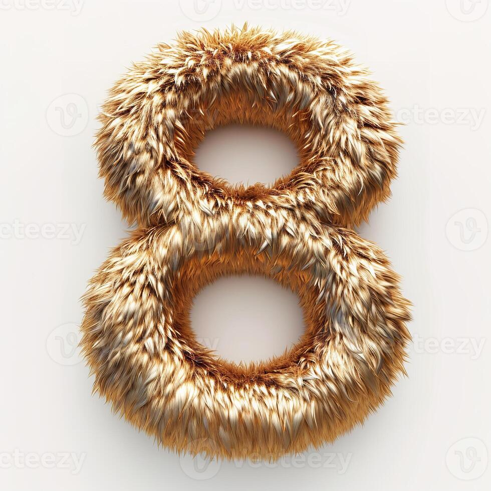 AI generated a unique digit 8, covered in a dense, golden furry texture, prominently displayed against a pristine white backdrop. The fur is dense and has a golden brown color photo