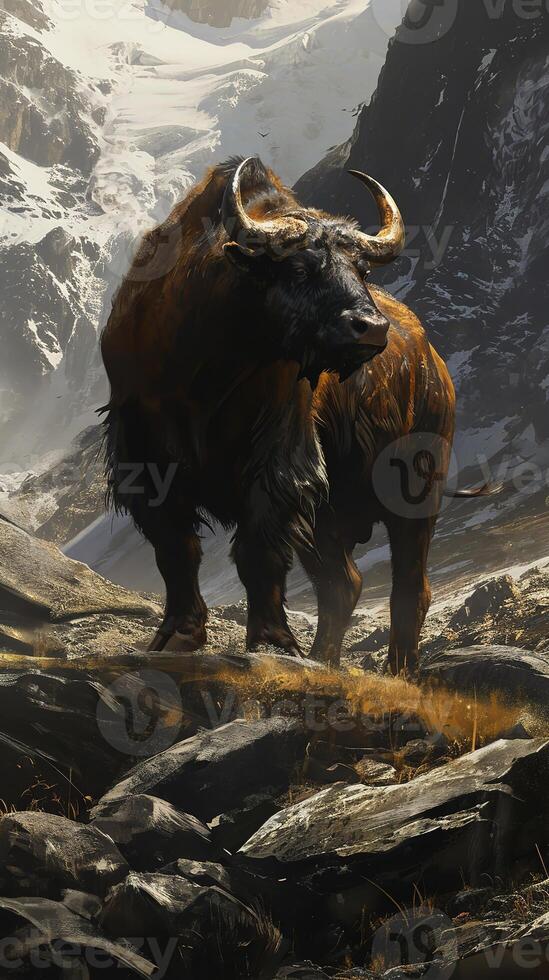 AI generated A powerful yak stands boldly against a backdrop of towering, snow-capped peaks, embodying the untamed beauty of high-altitude wilderness. photo