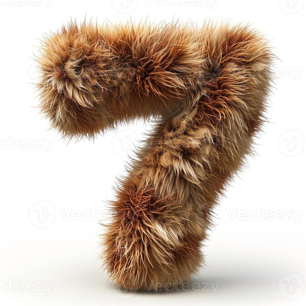 AI generated Unique image showcasing a digit seven covered in dense, brown fur against a pristine white backdrop. photo