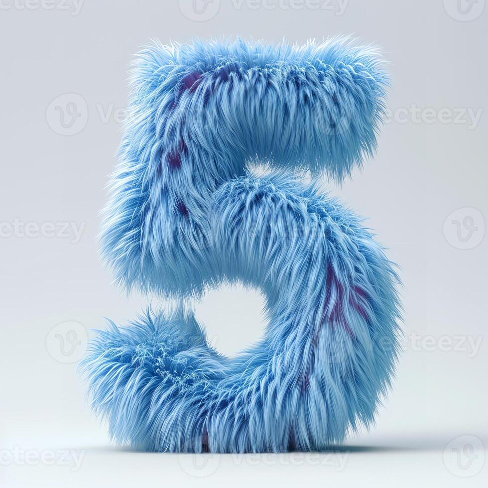 AI generated Vivid blue, furry textured number five displayed prominently against a clean, white backdrop. photo