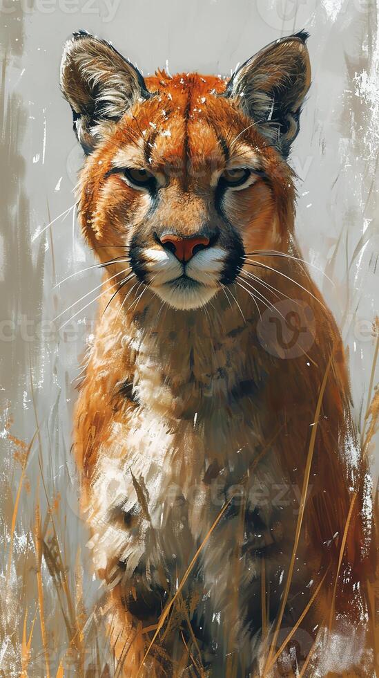 AI generated A beautifully detailed artwork capturing an intense gaze of a cougar, surrounded by tall golden grass, showcasing nature's raw elegance and the animal's grace. photo