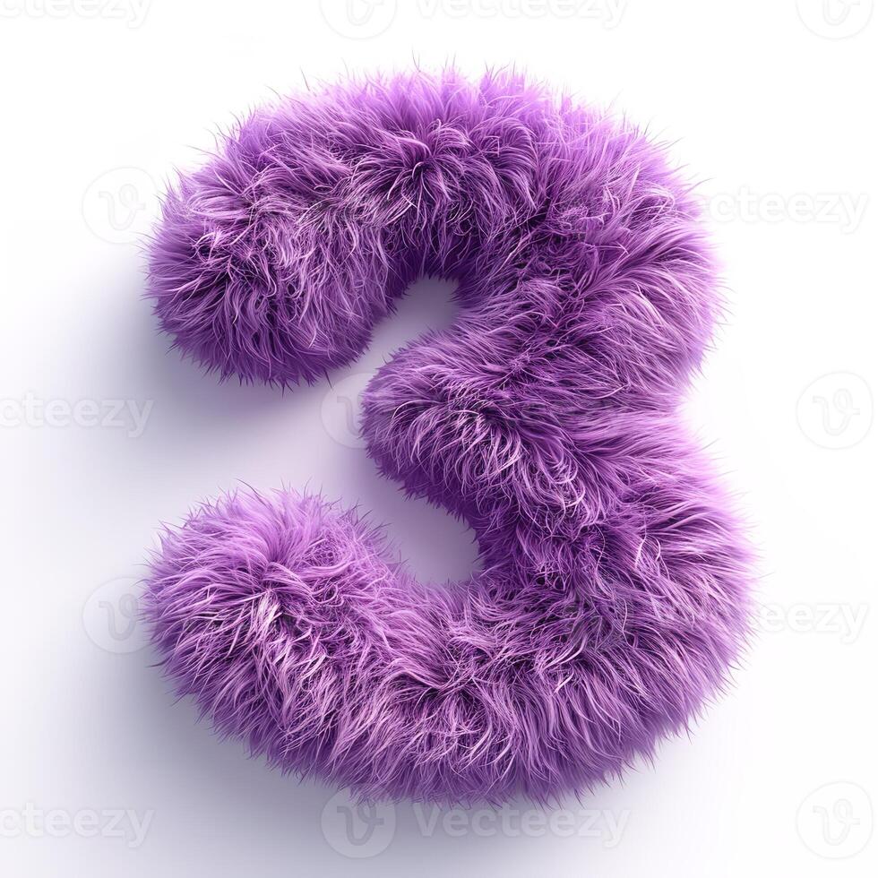 AI generated A vivid purple, furry textured number three displayed prominently against a pristine white backdrop. photo