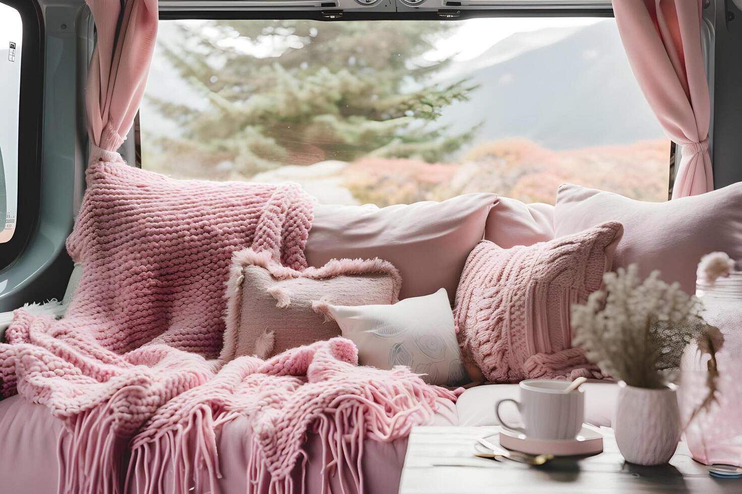 AI generated Van Life Beauty Infusing Feminine Charm into a Cozy Interior photo