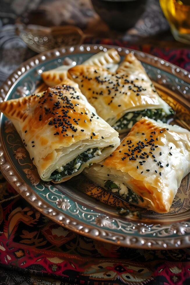 ai generado turco deleite Espinacas y queso feta Borek Pastelería en estampado folklórico estilo foto