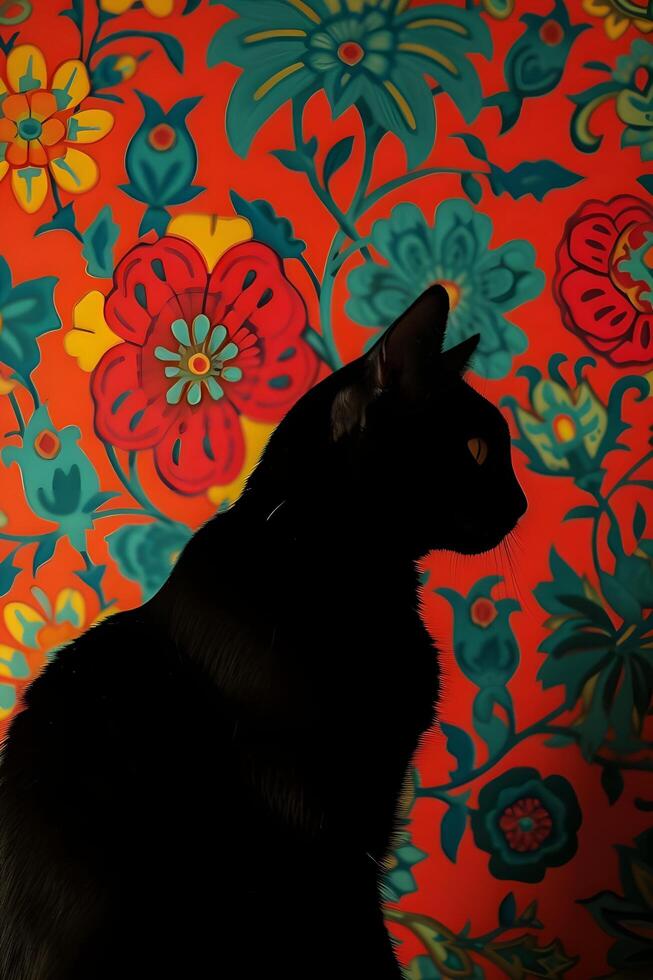 AI generated Feline Charm A Beautiful Cat Posing Against a Folk Spring Tapestry photo