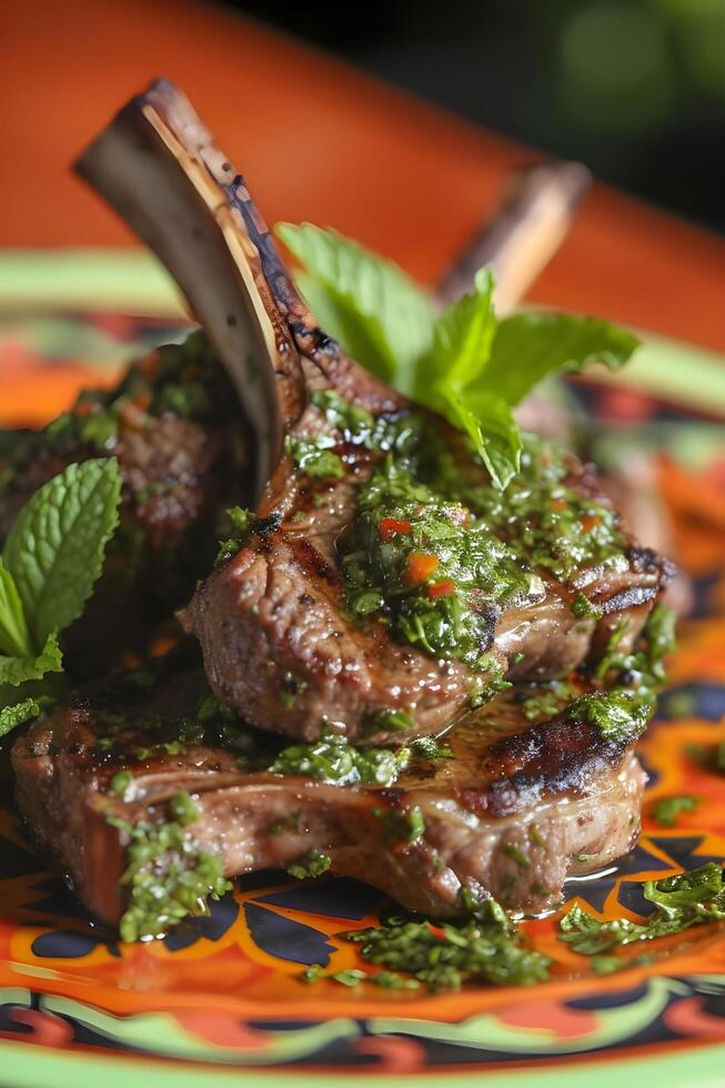 AI generated Savory Elegance Herb-Crusted Lamb Chops with Mint Chimichurri photo