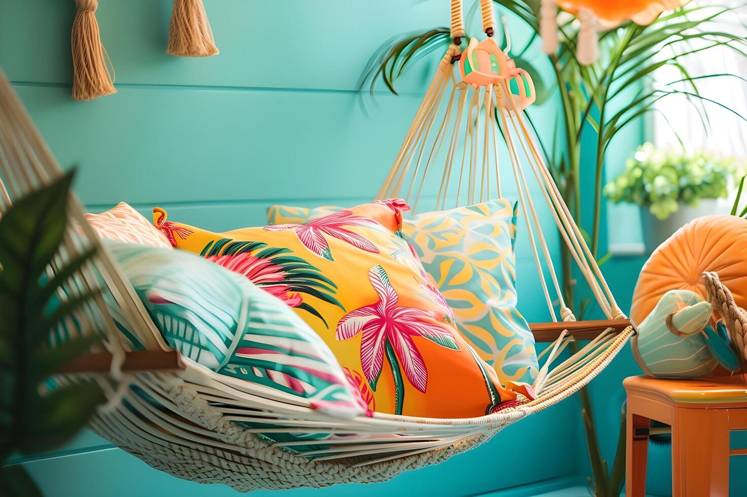 AI generated Whimsical Hammock Chair with Tropical-Themed Cushions for a Little Girl's Room photo