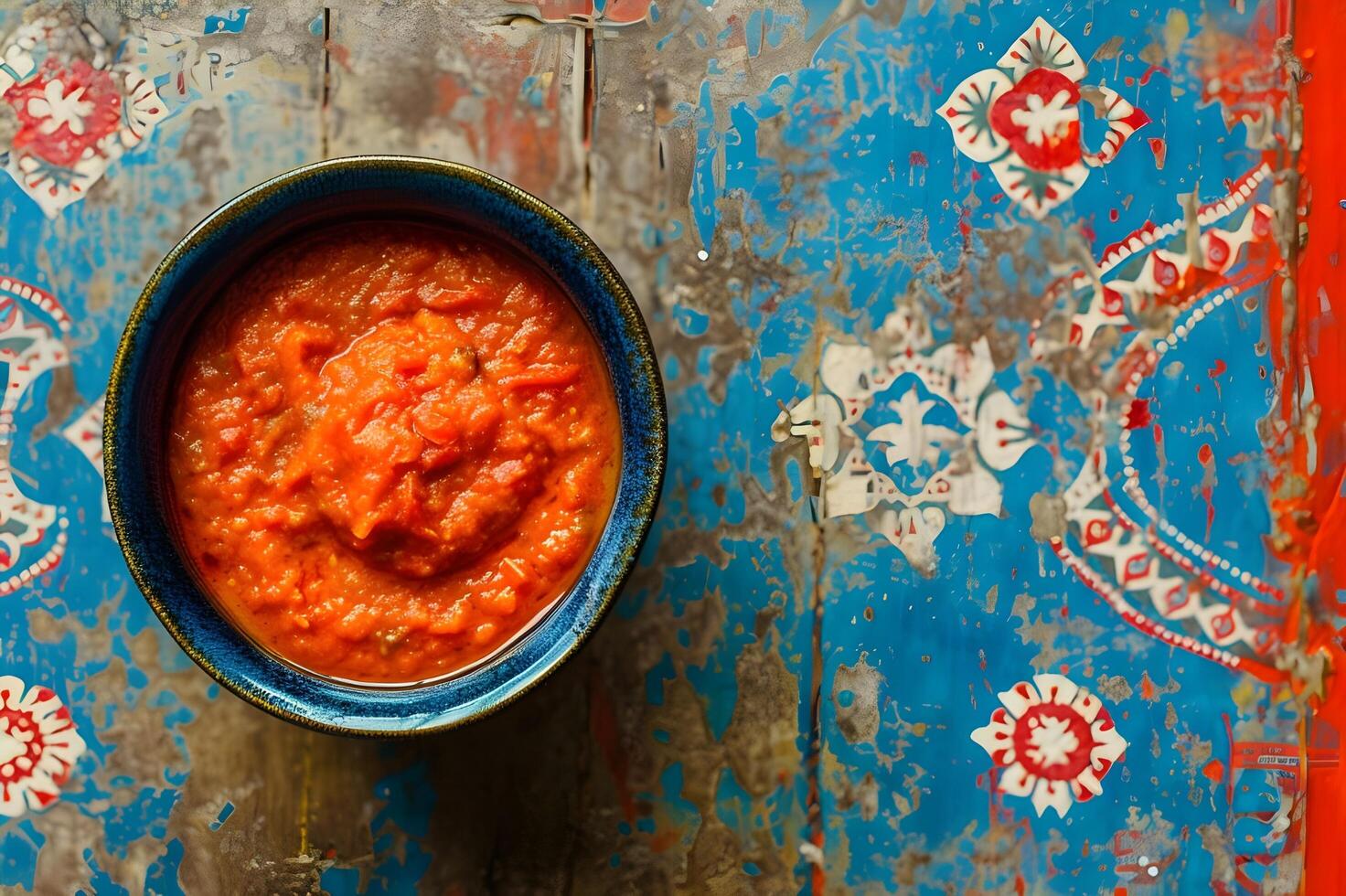 AI generated Spanish Charm Romesco Sauce in Folk Pattern Background photo