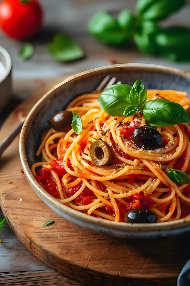 AI generated Sicilian Delight Spaghetti with Fresh Tomato and Basil Sauce, Garnished with Sicilian Olives on Tiles Pattern photo