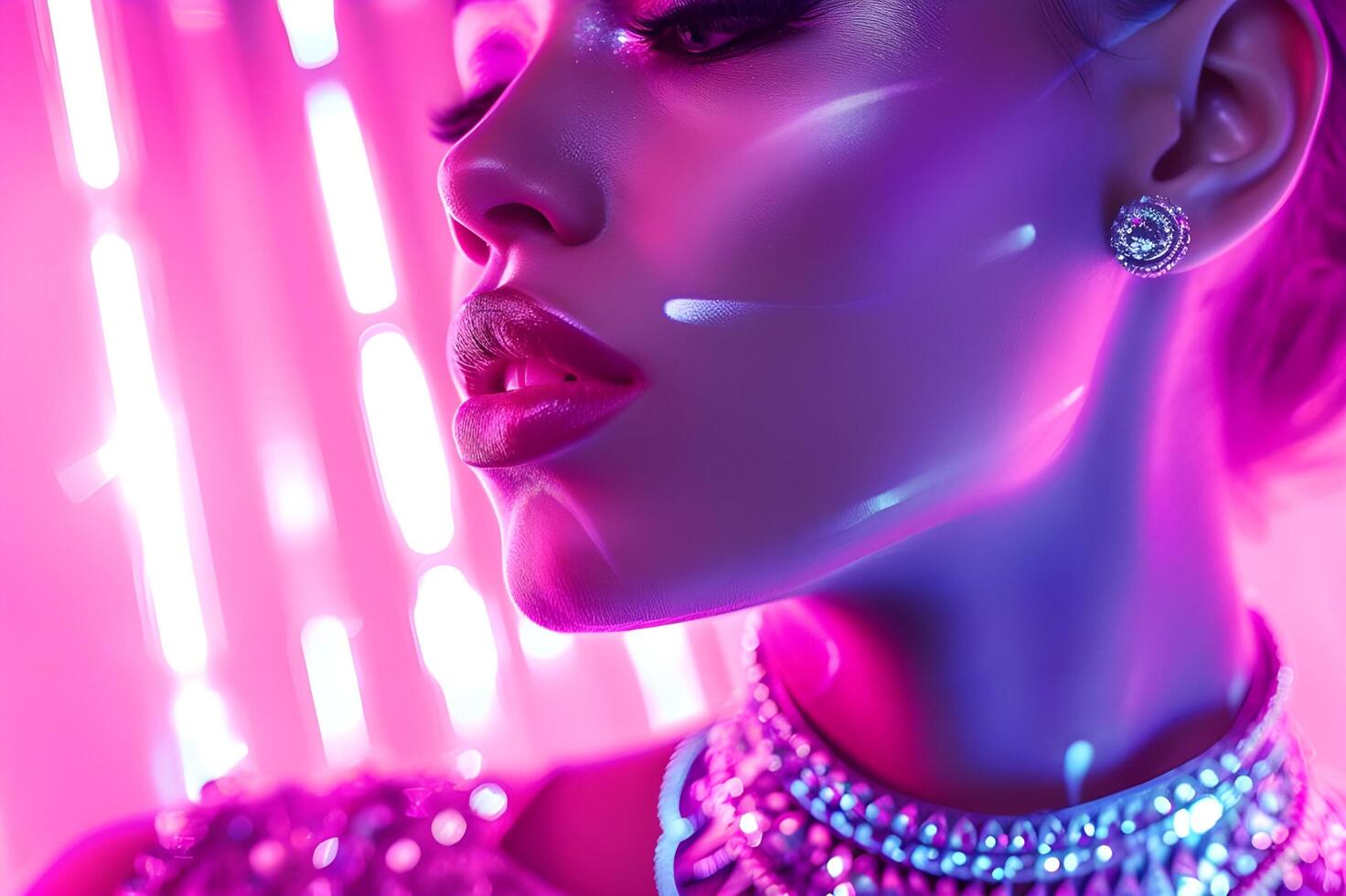 ai generado futurista elegante rosado resplandeciente belleza modelo capturado en el futuro foto