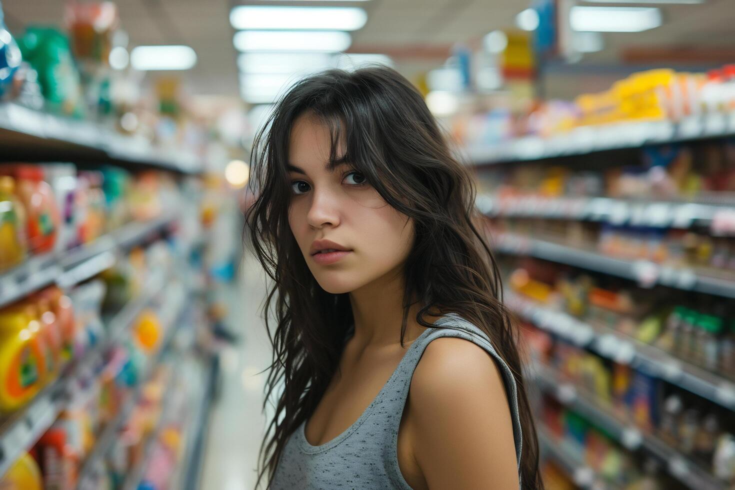 ai generado un hermosa joven dama dentro tienda de comestibles Tienda foto