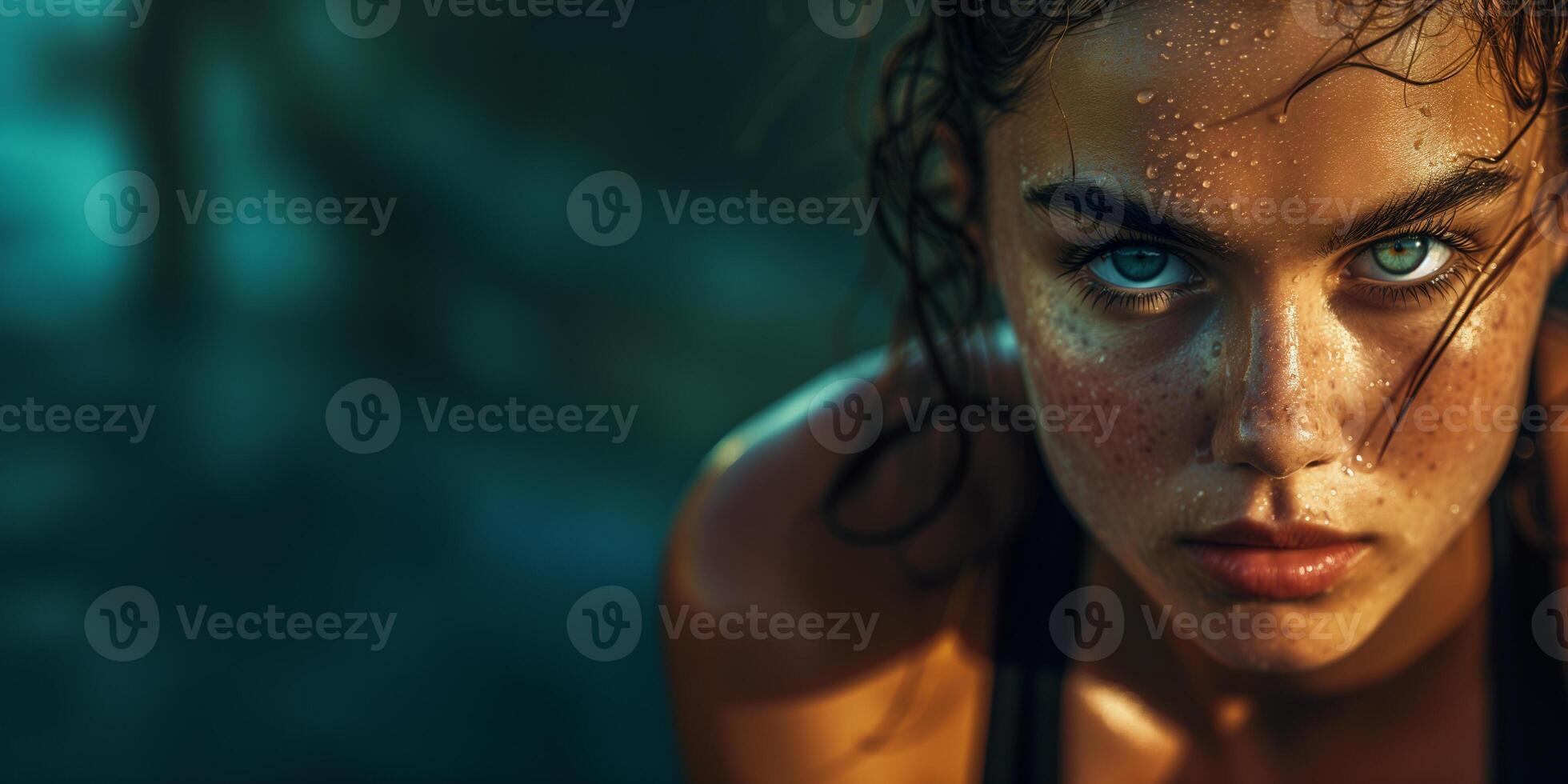 AI generated a lady engaged a high intensity workout with sweat glistening and determination in her eyes photo