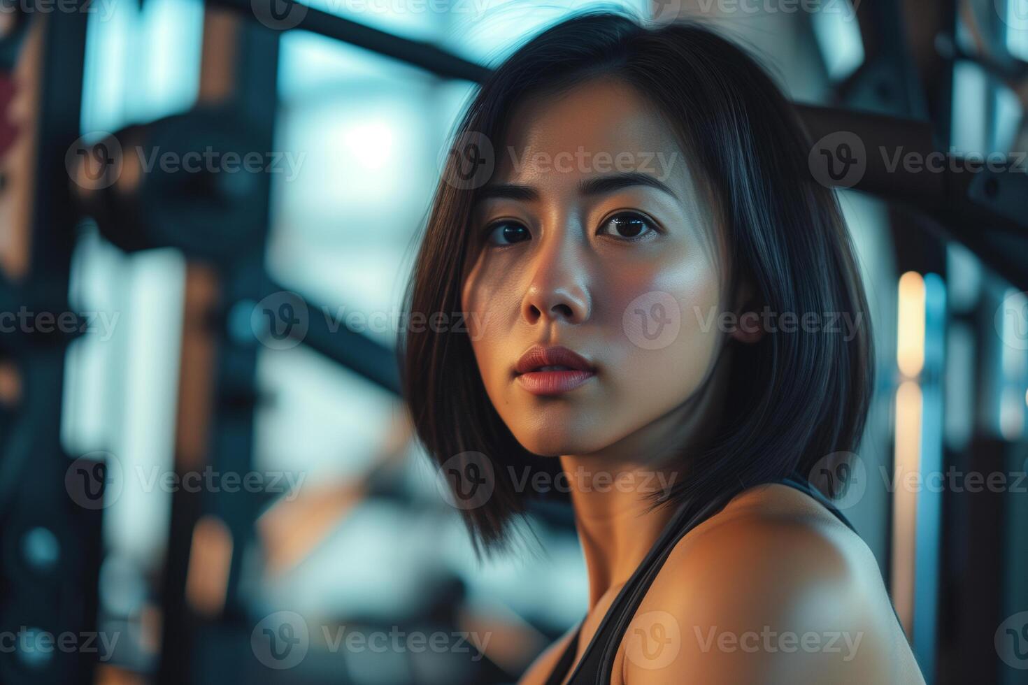 AI generated a lady working out in a gym with focused determination photo