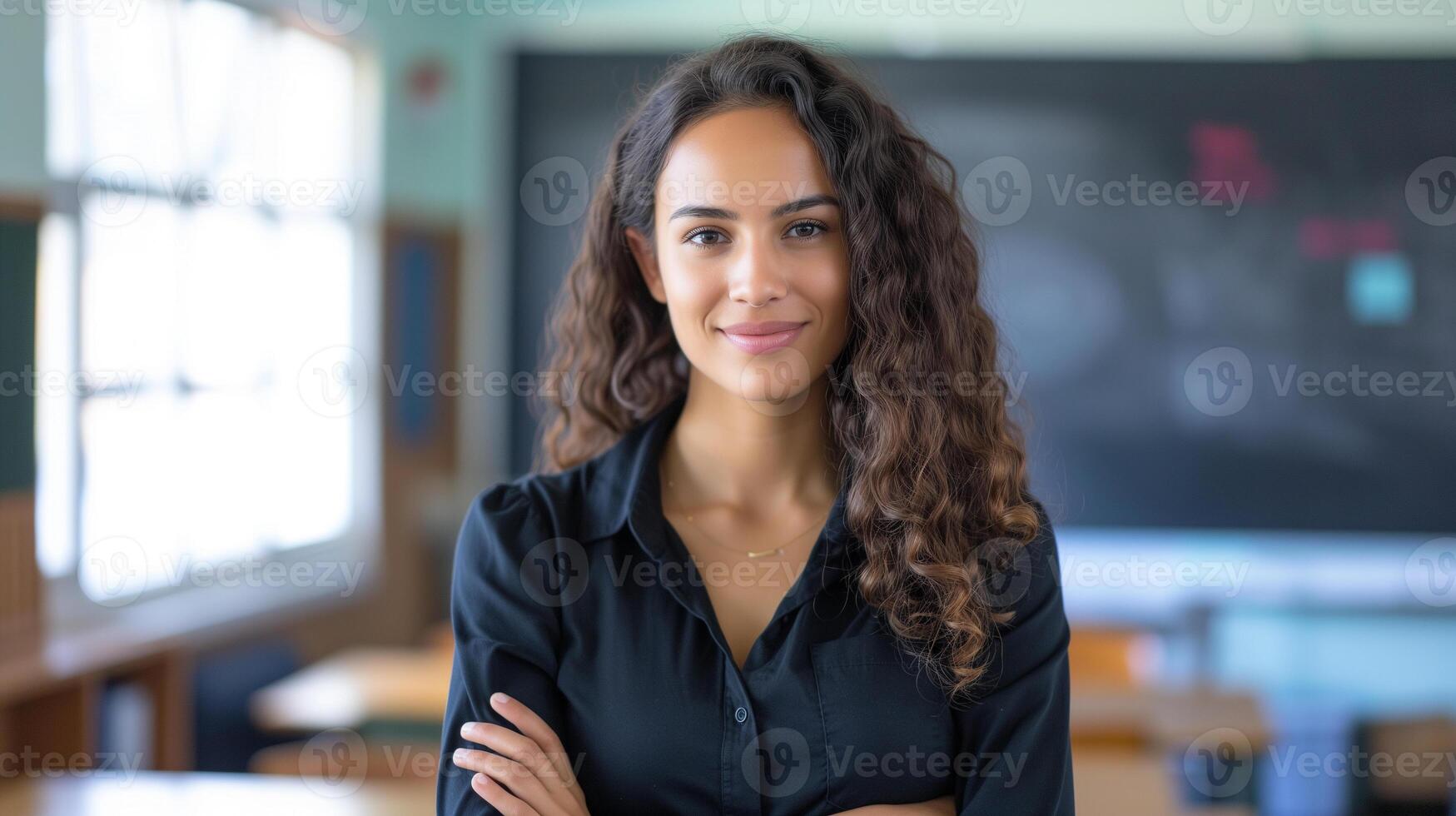 AI generated a beautiful young school teacher standing in the classroom photo