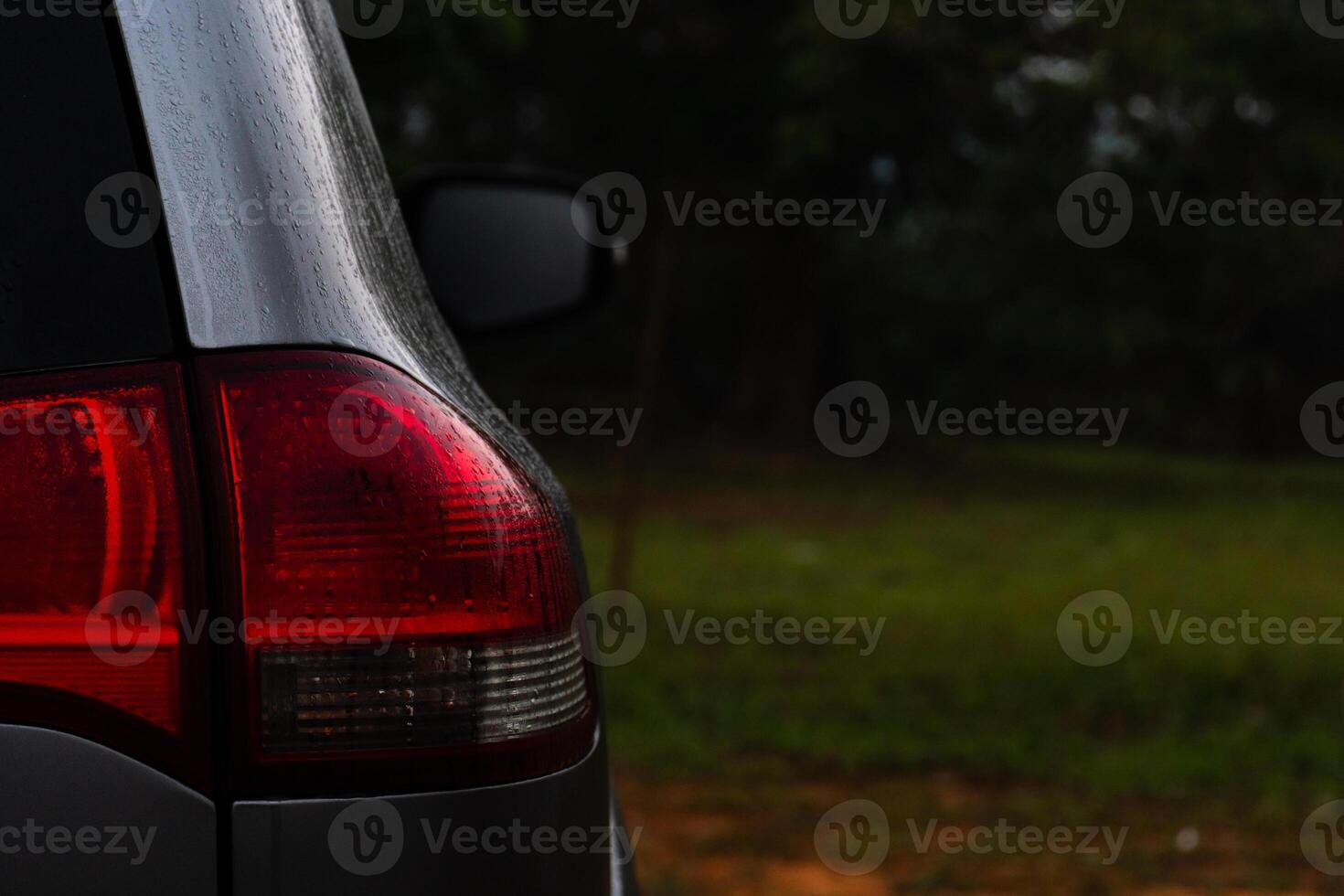 Beside of car and tail lights of the car were wet with water droplets. Background of green grass and trees in the dark tone at evening. photo