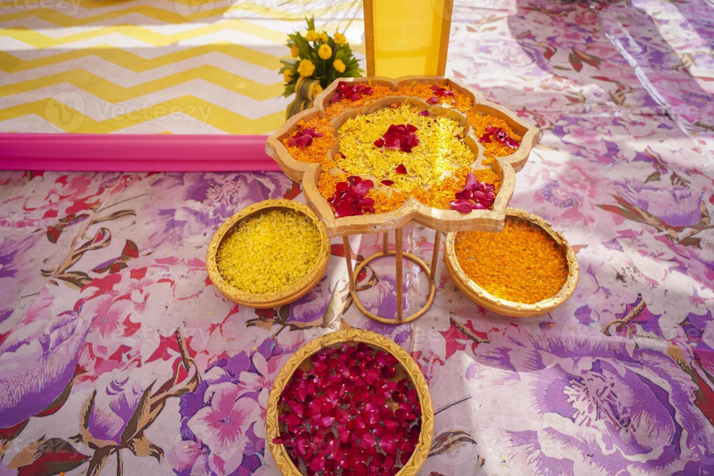 A decorated stage for Haldi ceremony photo