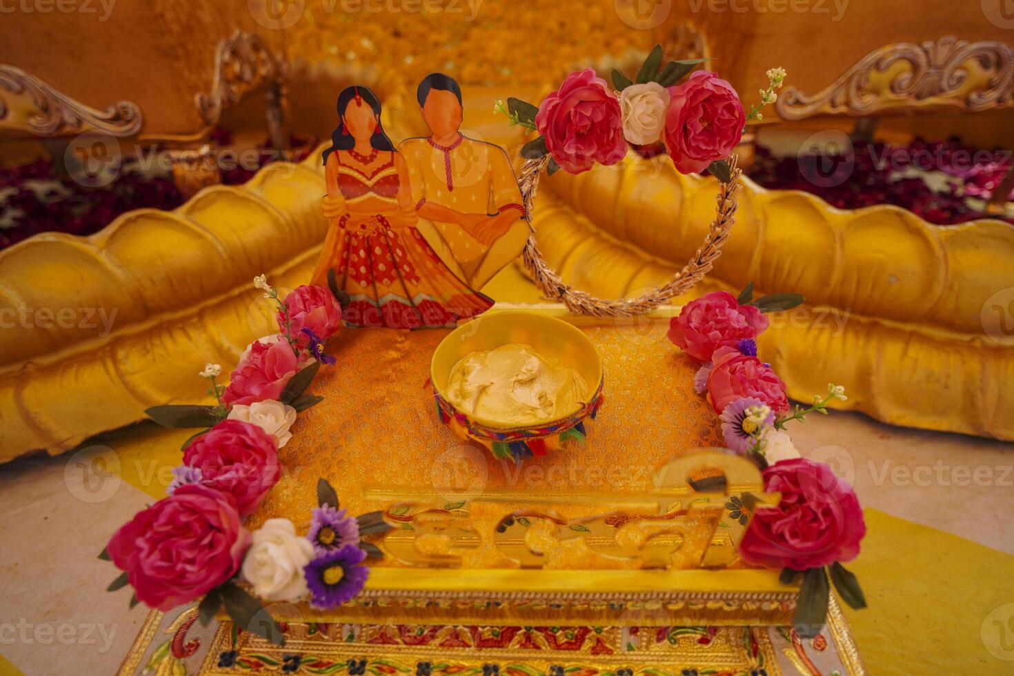 A decorated stage for Haldi ceremony photo