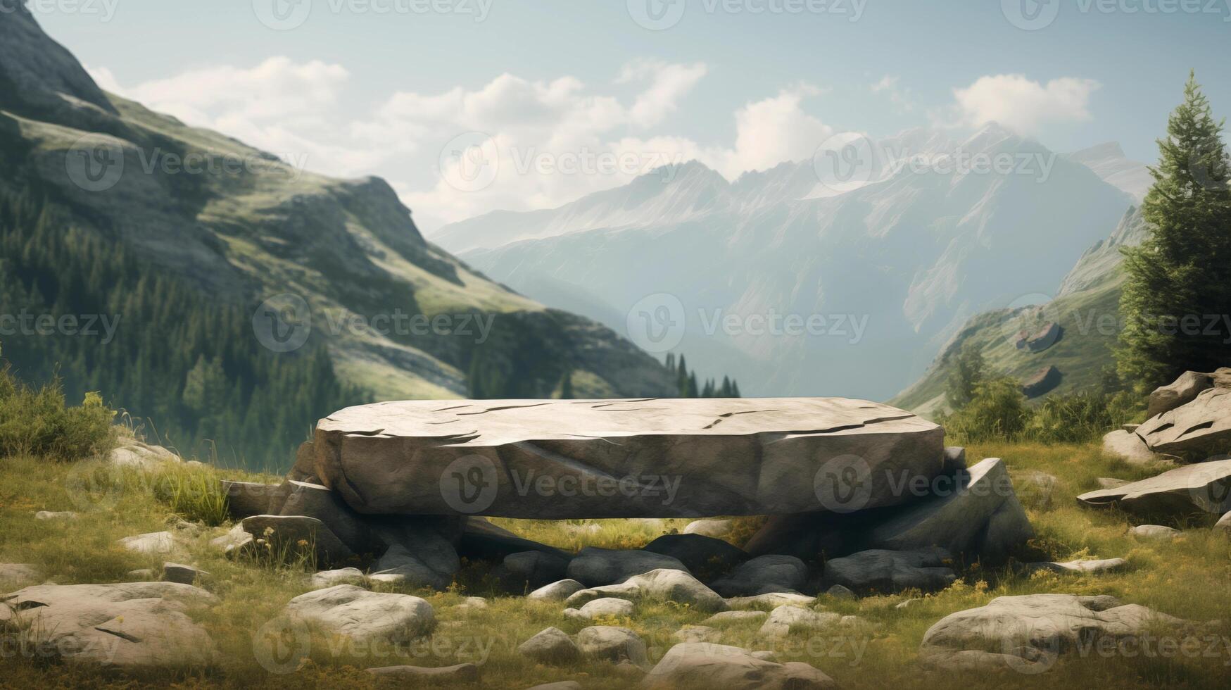 AI generated Stone podium on the background of mountain nature. Product placement. Generative AI photo