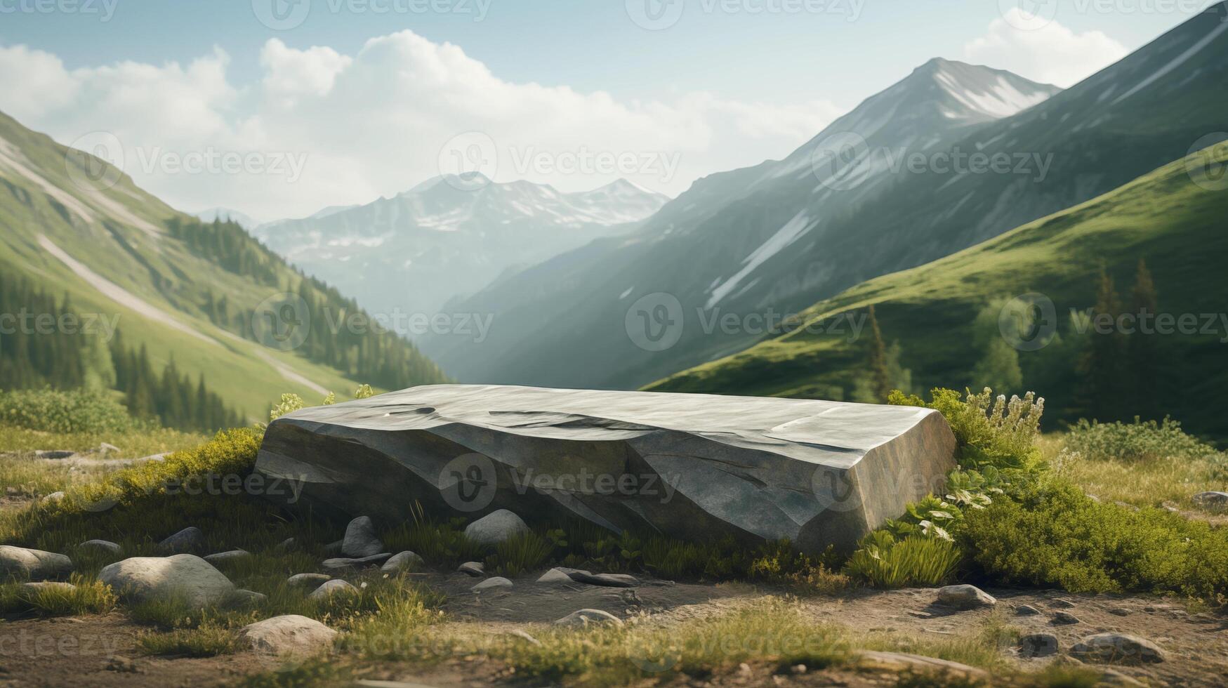 AI generated Stone podium on the background of mountain scenery. Product placement. Generative AI photo