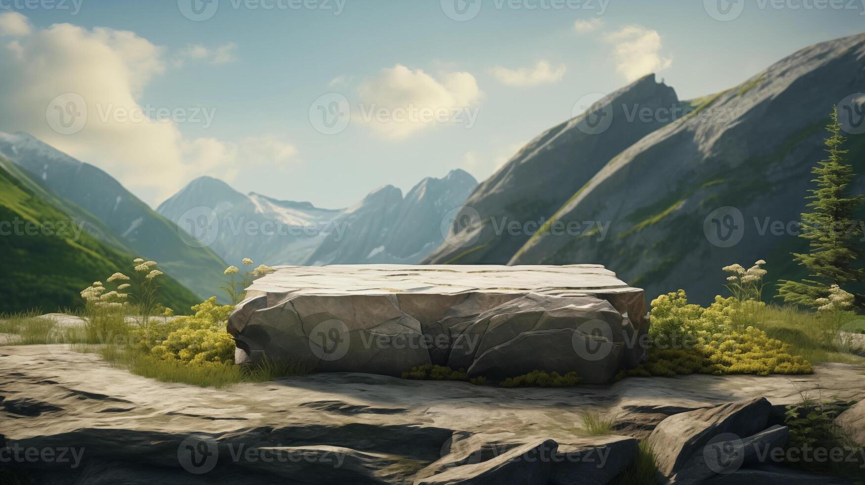 AI generated Stone podium on the background of mountain scenery. Product placement. Generative AI photo