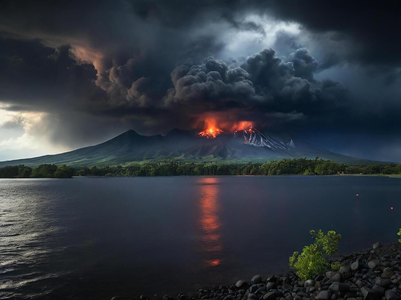 ai generado un tormenta terminado un lago con un oscuro cielo y un volcán en el antecedentes. gratis descargar foto