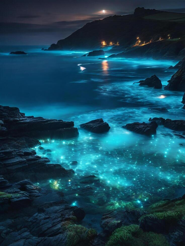 ai generado el de Cornualles costa bioluminiscente mar. gratis descargar foto