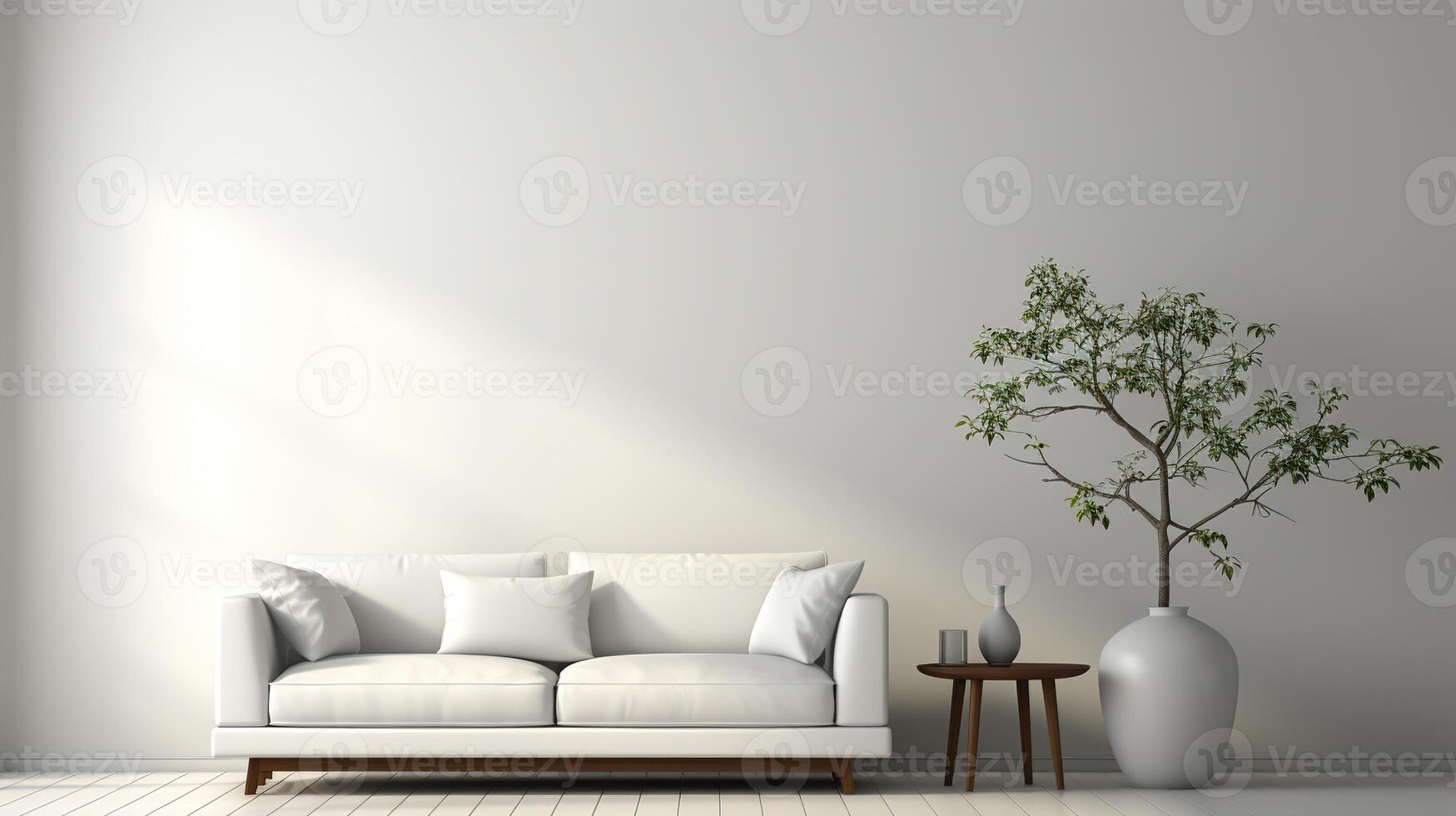 AI generated A living room with white walls and hardwood flooring, including a large green plant. Concept of minimalist design. Created with Generative AI photo