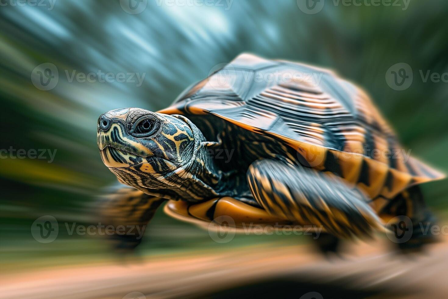 AI generated a turtle is running on a road with blurry background photo