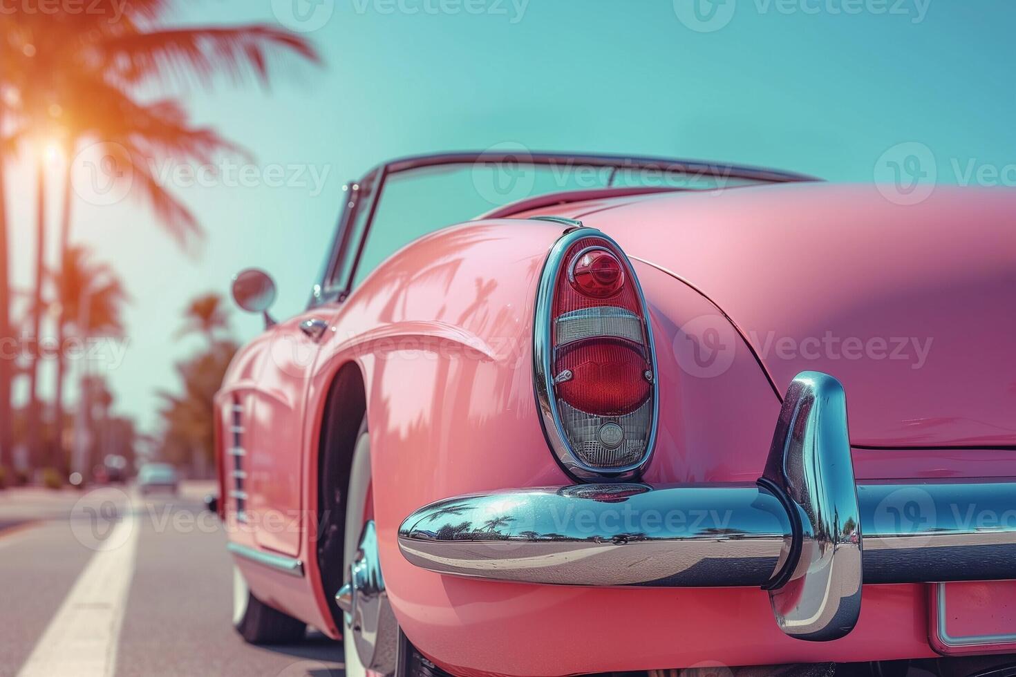 ai generado retro rosado clásico coche en el la carretera con palma arboles foto