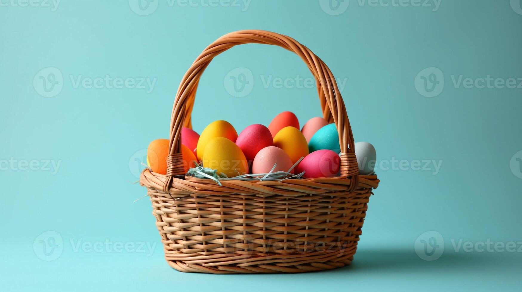 AI generated colorful easter eggs in a basket on a blue background photo