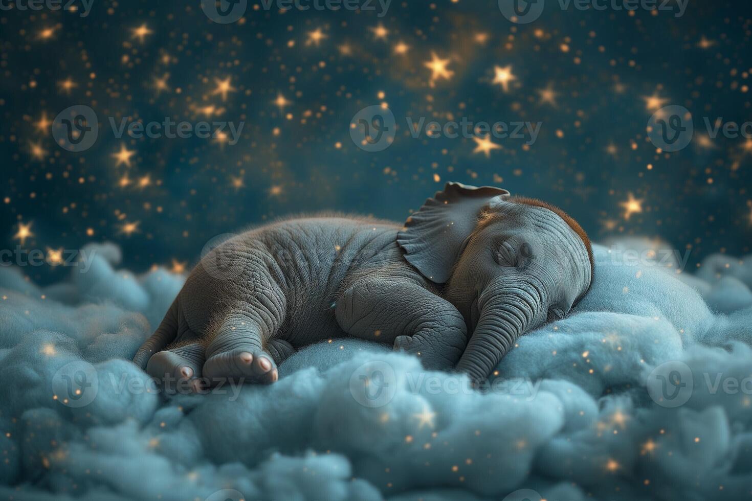 AI generated a baby elephant sleeping on top of clouds in the night sky photo