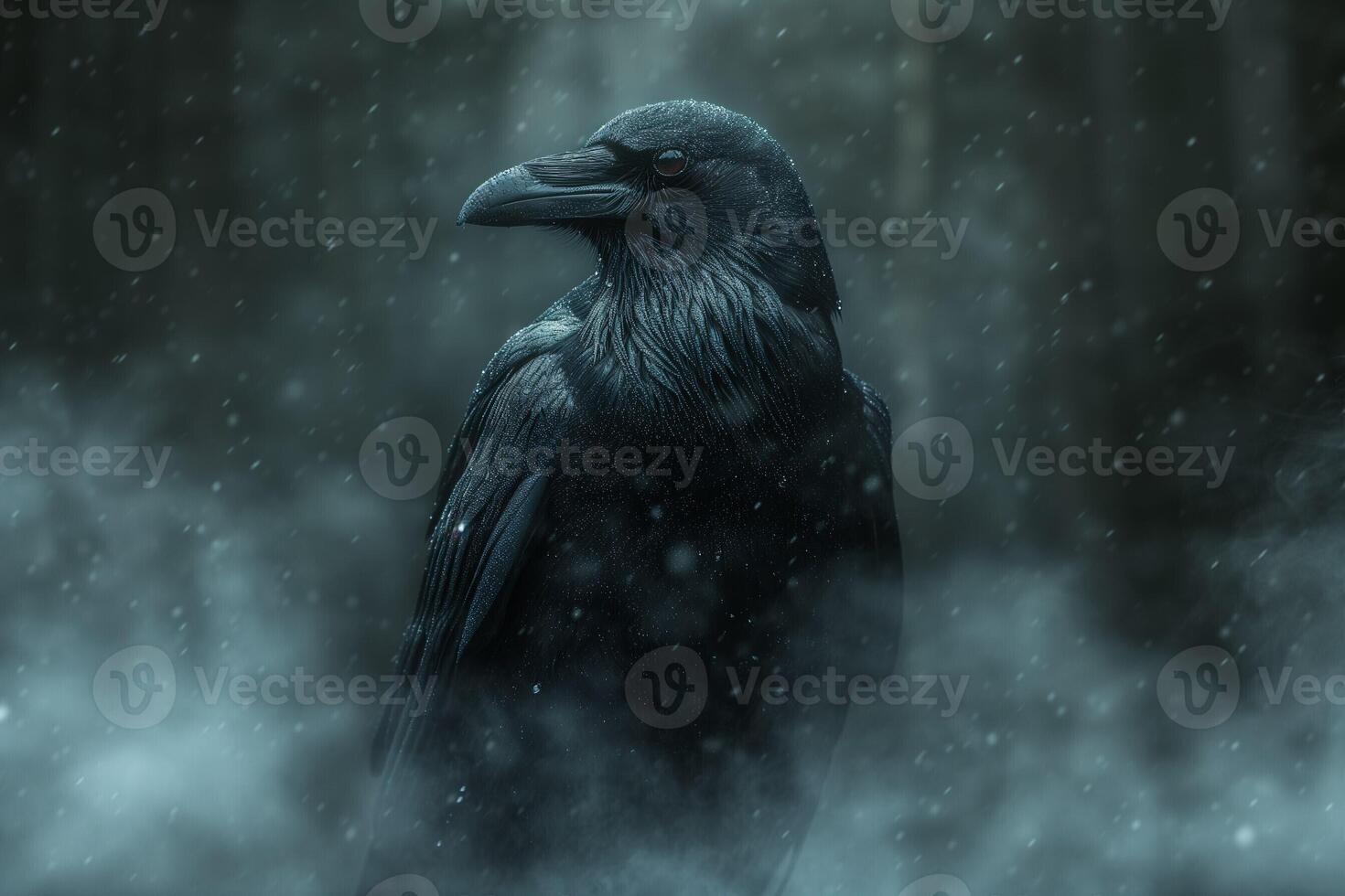 AI generated a raven stands in the snow with its head down photo