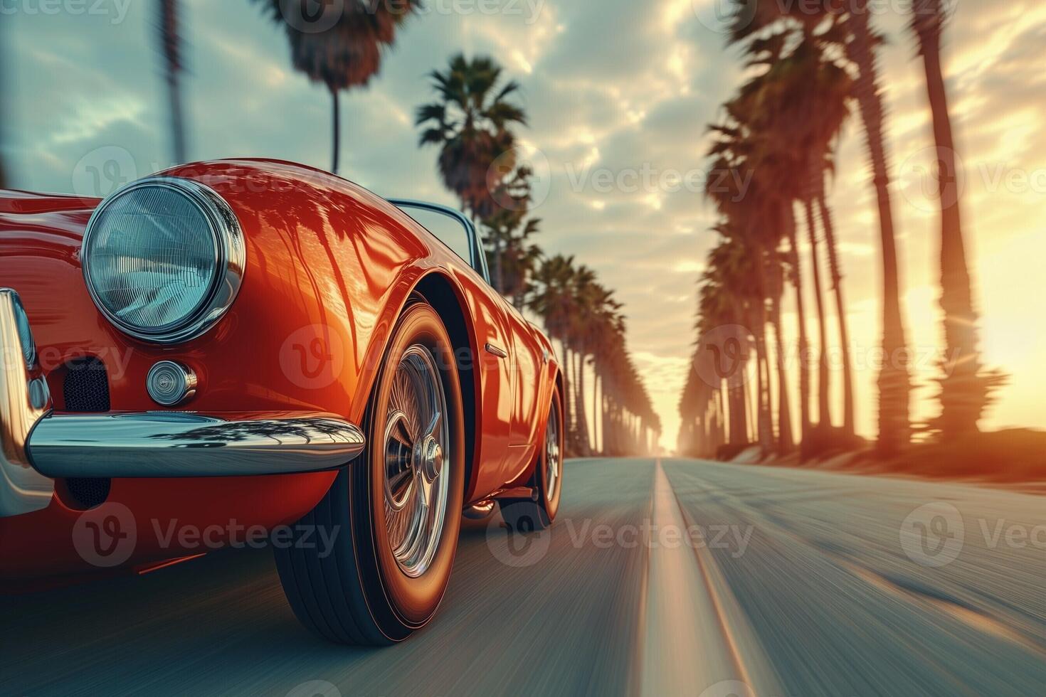 ai generado un antiguo rojo Deportes coche conducción abajo un la carretera foto