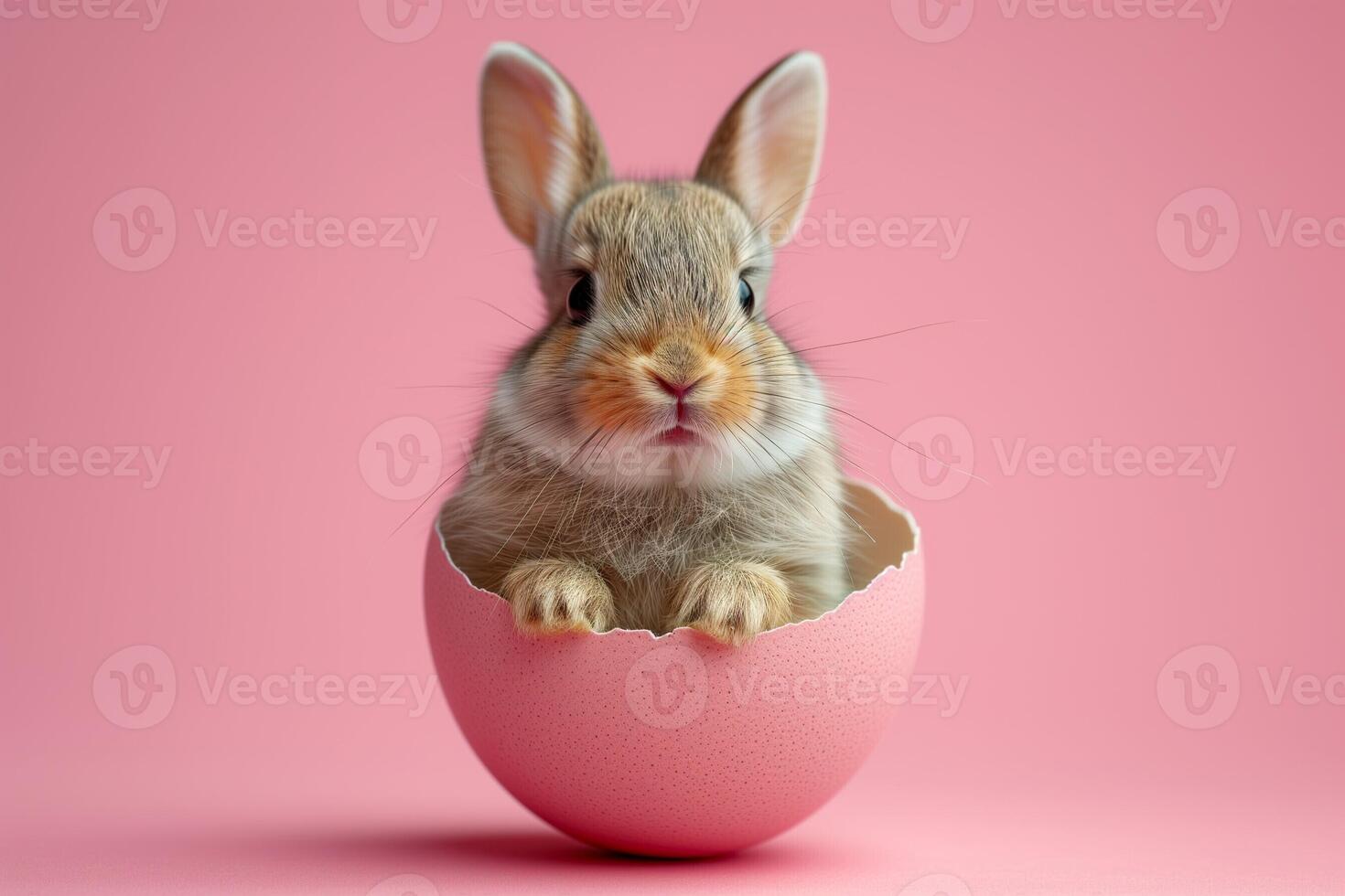 AI generated a cute little rabbit is sitting inside an egg shell photo