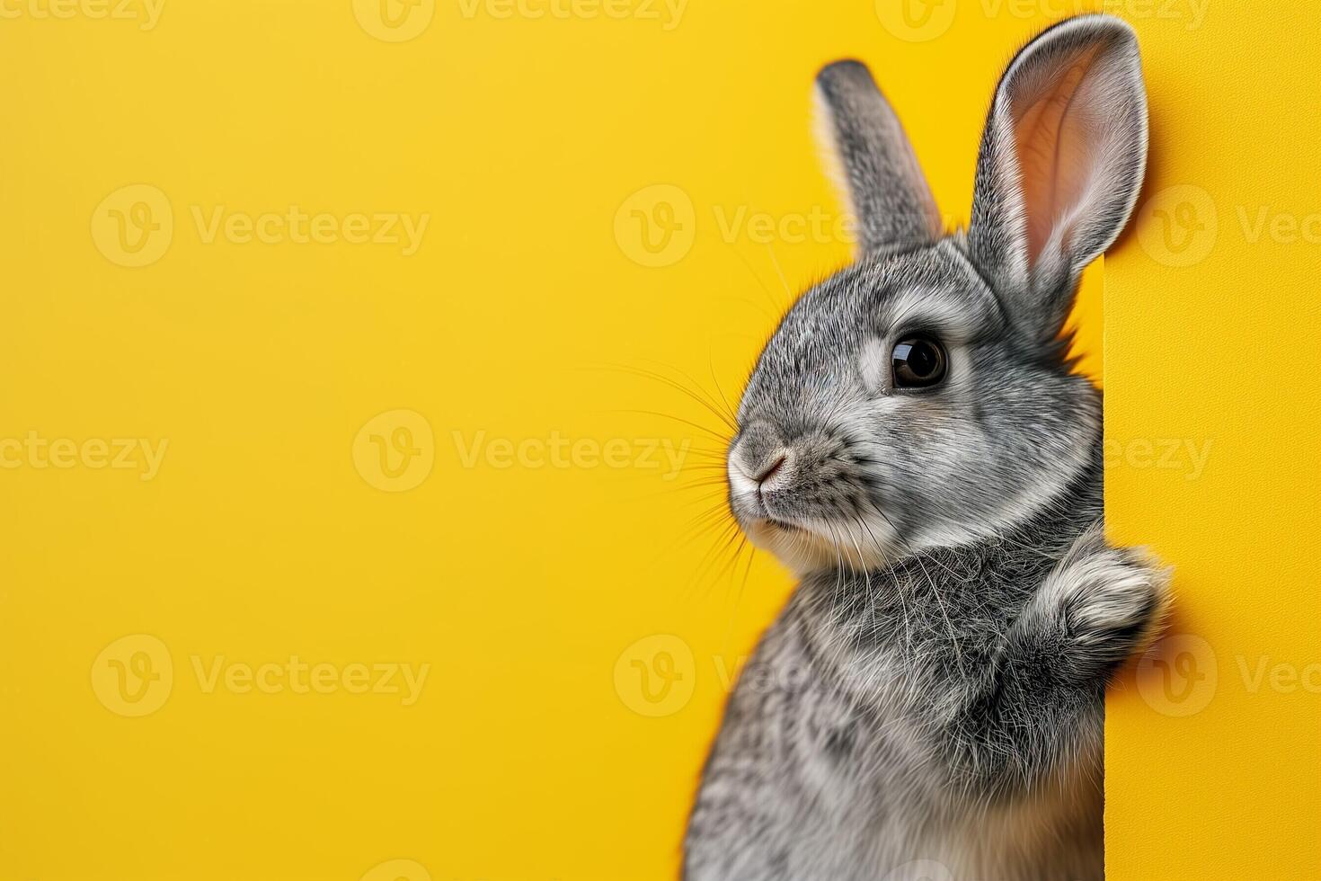 ai generado un gris Conejo echar un vistazo fuera desde detrás un amarillo pared foto