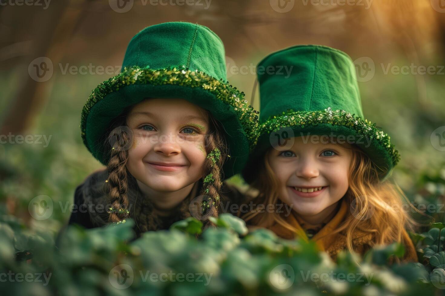 AI generated Children in Green Leprechaun Hats Celebrating St. Patrick's Day photo