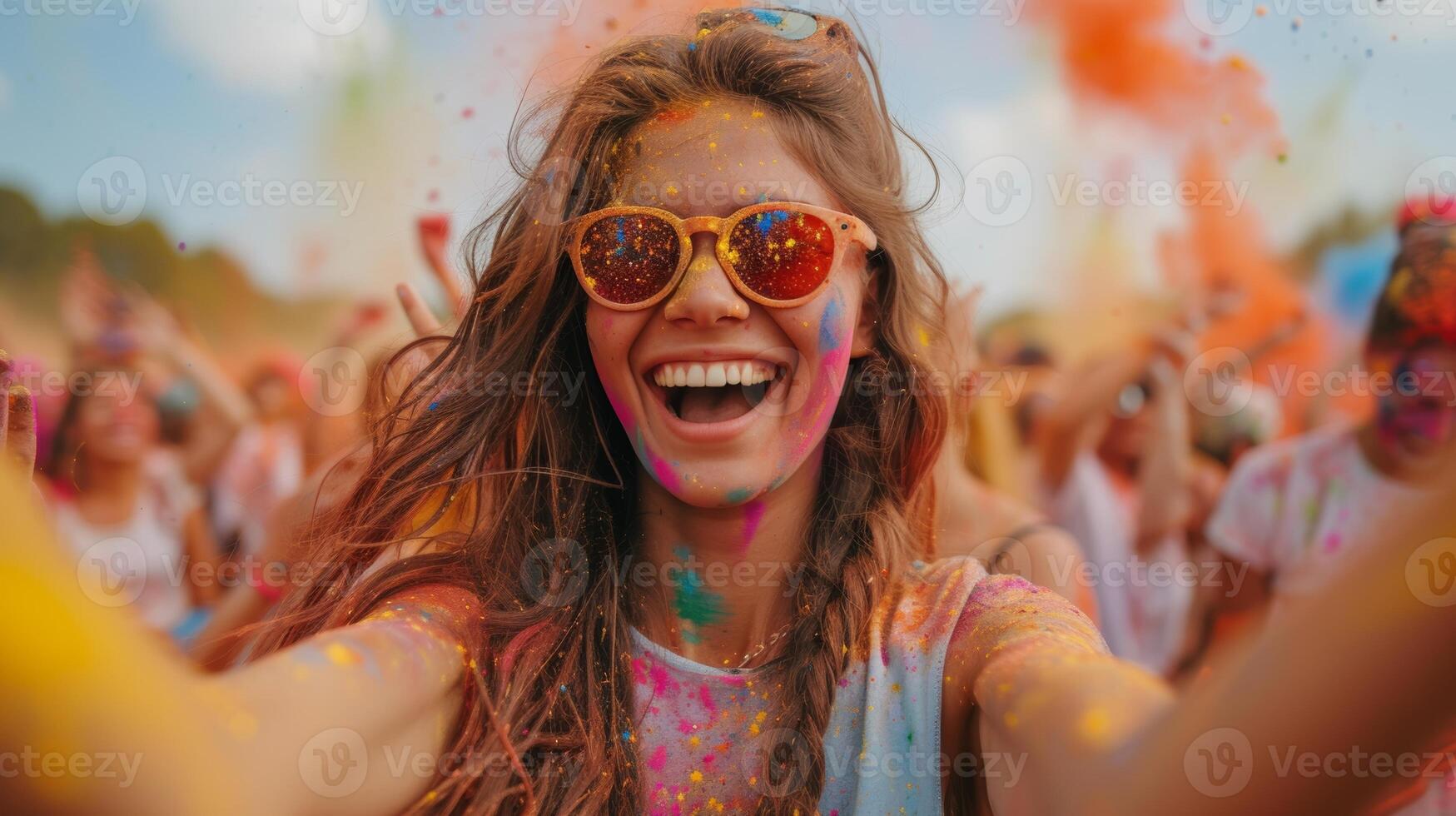 AI generated Exhilarated Woman Enjoying Holi Festival with Friends photo