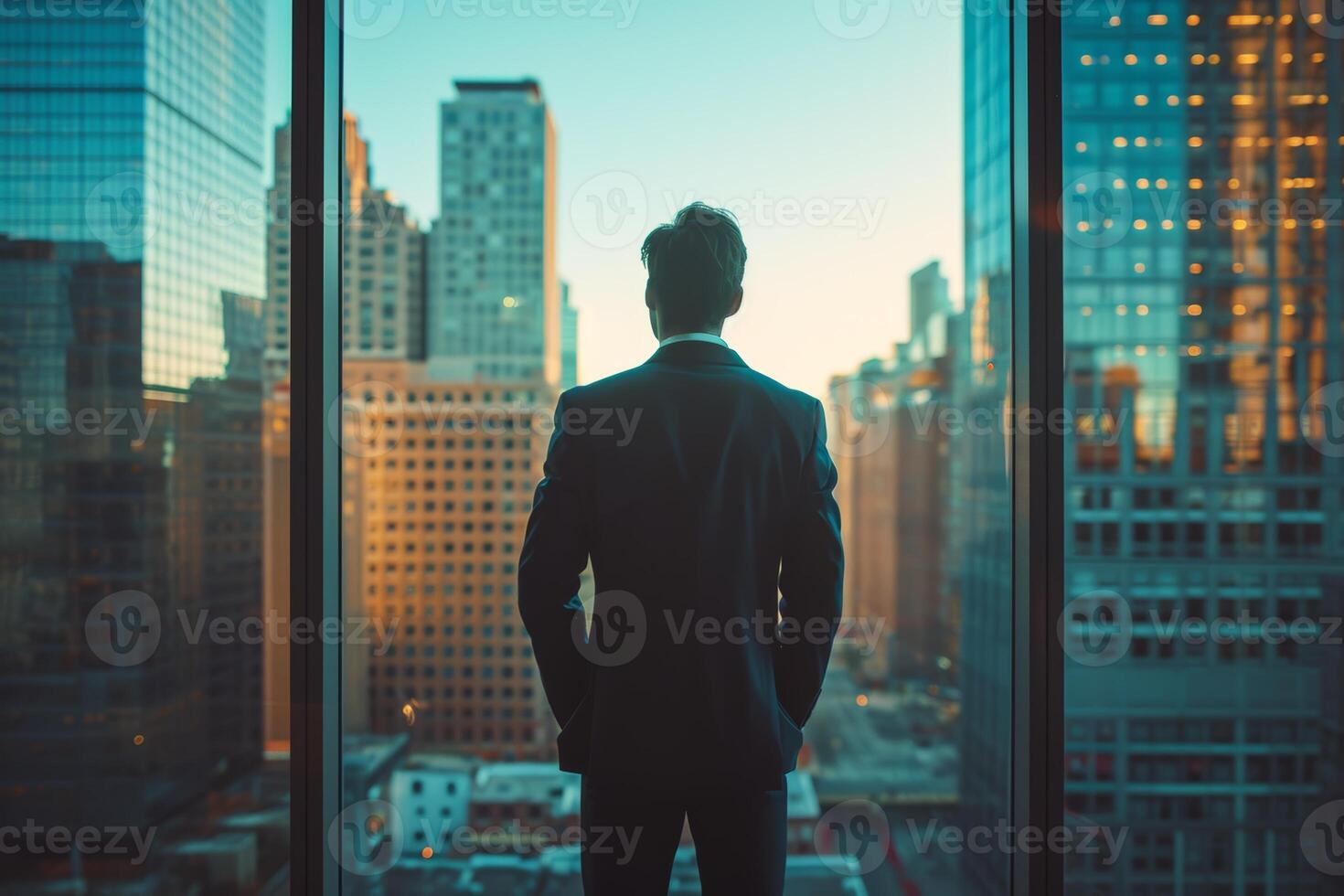 AI generated Businessman Contemplating Cityscape from High-rise Building photo